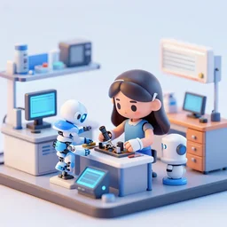 color digital photo of figma figures inside a diorama of a laboratory : : a cute female long - haired robot is repairing computers. she is being helped by a robot that resembles a household appliance.