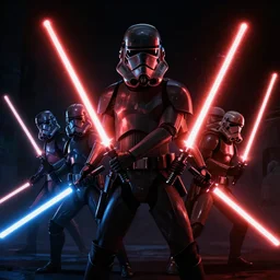 dramatic Star Wars battle, dark illuminated by the lightsabres, digital art, trending on artstation