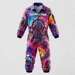 photo of a jump suit, band merchandise, bandname is tripmachine, realistic digital art, jump suit is printed with a 3 d render of a huge futuristic steampunk generator, 8 k, fluorescent colors, halluzinogenic, multicolored, exaggerated detailed, unreal engine
