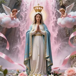 virgin mary, our lady of lourdes, blessed mother in front of a pink waterfall with ribbons and angels in clouds. highly detailed digital art. beautiful lighting. trending on artstation.