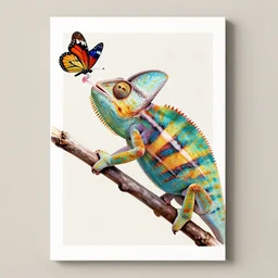 a chameleon with his tongue out catching a butterfly, style of art print in rainbow colors, neutral background