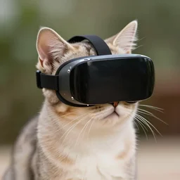 a kitten wearing VR goggles