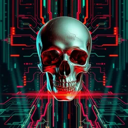 a skull that is in the middle of a picture, cyberpunk art by mor than, cgsociety, vanitas, glitch art, darksynth, datamosh