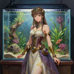 aztec scifi princess in a planted aquarium, wearing a lovely dress with steampunk elements. this oil painting by the award - winning mangaka has an interesting color scheme and impeccable lighting.