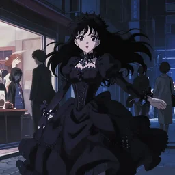 anime frames, anime visual, portrait of misa amane in gothic dress shopping outside in shibuya at night, very low light beautiful face by ilya kuvshinov and yoh yoshinari, katsura masakazu, mucha, dynamic pose, dynamic perspective, strong silhouette, anime cels, rounded eyes, blue tint, contrasting shadows
