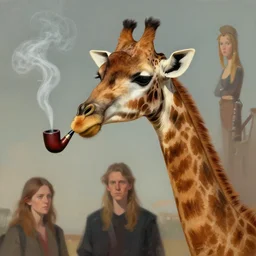 surrealist digital painting of a giraffe smoking a pipe,, trending on artstation, concept art, sharp focus, illustration, art by artgerm, greg rutkowski, and magali villeneuve