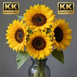 highly detailed realistic photo of three sunflowers in a single vase, vibrant colors, award winning masterpiece photography, hyper realistic, concept art, 8 k detail post - processing