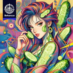 the portrait of an incredibly beautiful, colorful, graceful, sensual, playful, and sophisticated young woman made of cucumbers, an ultrafine detailed illustration by james jean, intricate linework, bright colors, final fantasy, behance contest winner, vanitas, angular, altermodern, unreal engine 5 highly rendered, global illumination, radiant light, detailed and intricate environment