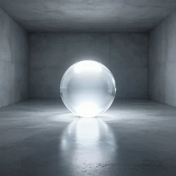 3D model of a glass orb of light sitting in the middle of an large empty concrete room with the floor made up a singular mirror, brightly lit, 4k, ultra HD, Octane 3d render