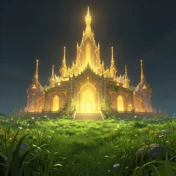 a flowery grassy godly glowing temple, fantasy, rim light, lighting, winy, artstation, digital art.
