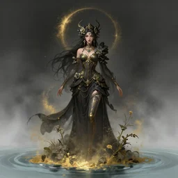 dark fantasy female magician, flowers, gold dust, mist, water, correct human anatomy, wide angle view, fullbody view, highly detailed, qichao wang, artgerm, cushart krenz, zeronis, trending on artstation, soft light, sharp edges, illustration, character design, concept art
