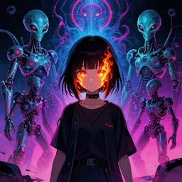 yoasobi into the night girl with fire in the eyes ; aliens, robotic machines, gods, bio - mechanical intelligences, glitch creatures, dmt entity ; lsd art, trending on artstation, style yoasobi