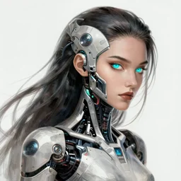 a woman turning into an Android portrait wearing a part cybernetic body, surrealism , scifi, intricate mecha armor, elegant, sharp eyebrows, ornate long flowing hair, highly detailed cybernetic body, neon glowing eyes, digital painting, artstation, concept art, smooth, sharp focus, illustration, art by Artgerm and moebius and Peter Mohrbacher