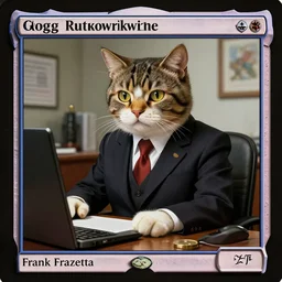 anthropomorphic cat as a hard working lawyer in an office, professional business suit, by greg rutkowski and frank frazetta, intricate, artstation, cinematic, style of magic : the gathering
