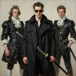portrait of an edgelord in a black outfit, katana trenchcoat sunglasses, a flemish baroque by alexander mcqueen, art by john collier by greg rutkowski and craig mullins, oil on canvas