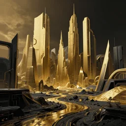 hyper realistic landscape concept art solarpunk, gold and black ratio, style brutalism