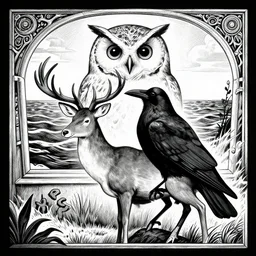 psychedelic, monochrome artwork!!, of a single raven and deer combined, in front of an owl that is a window into the ocean, by didier comes, graphic novel art,