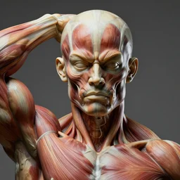 high resolution close up portrait head photo of sculpture made of muscles face morphed muscular body face muscle biceps triceps, morphing muscles bodies strong strongest muscles merged with muscular body