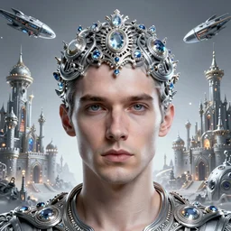 studio portrait lighting close face portrait a single face centered nice hair, man, half soap bubble mind, half symetrical highly detailed ornate with jewels and precious metals futuristic, half sandman kingdom, outside view from half castle kingdom of dreams, space ships, hiperrealistc, global illumination, radiant light, silver, art by andreas achenbach