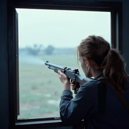 film still, extreme far view, emma watson, in bell huey, door gunner, machine gun, tracer rounds, apocalypse now, associated press, 2 6 mm, kodak ektachrome, blue tint expired film,
