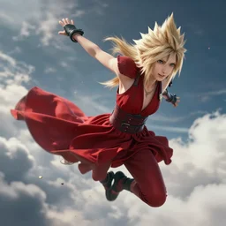 epic scene of ( most gorgeous attractive final fantasy 7 character hyper detail in amazing detail red dress with lots of detail, beautiful detailed face ) ( fighting ) hyper realistic 3 d render, art station, particles, epic scene, mucha, clouds, jump pose, focus, action,