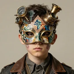steampunk boy with a super detailed and intricate mask, collage in the style of matisse