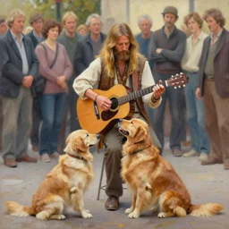 oil painting of a man with long hair blond and a beard hippie style with his golden retrever dog playing guitar in the square for money, people watching around, by greg rutkowski, artstation
