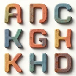 3 6 0 panorama escher style pattern of colorful letters, clay sculpture with the texture of old rust