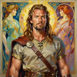 an aesthetic!, detailed portrait of dave matthews dressed as a barbarian for marvel studios, action movie still, by frank frazetta and alphonse mucha, oil on canvas, bright colors, art nouveau, epic composition, dungeons & dragons, fantasy art, hd, god rays, ray tracing, crisp contour lines, huhd - 8 k