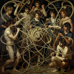 hyper realistic painting of entanglement in ropes, threads, lines, vines, swirly, veins, tight, bulge, in the style of wayne barlowe, gustav moreau, goward, gaston bussiere and roberto ferri, santiago caruso, and austin osman spare, bouguereau, mucha, saturno butto, sorayama. occult art, alchemical diagram