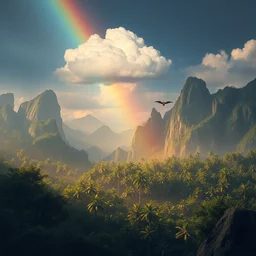 an award winning digital artwork of a lush prehistoric rainforest with tall mountains in the background, a raincloud, a rainbow, with pterosaurs flying at a distance, beautiful, volumetric lighting, sunset, photorealistic
