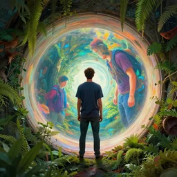 guy standing in spinning portal where he can see himself in the future, trippy, weird, colorful, artstation, realistic, climbing plants