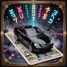 a 2 0 0 9 black mercedes s 6 3 car on a tarot card with a boarder, blade runner, akira, ghost in the shell, 2 0 7 7, style of laurie greasley and satoshi kon + symmetric lights and smoke, psychedelic effects, glowing particles, neon rain, glowing runes, de - noise, symmetrical composition, high detailed + tarot card, ornate border, 8 k