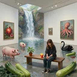 painting of a flooded modern art gallery and a tall emo girl holding french fries, gallery bench seat, potplant, art gallery interior, pigs, courgette, waterfall, pomegranates, octopus, zen, black swans, courgettes, berries, surrealist, by magritte and monet