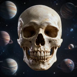 a cgi film render from of space with planets and stars in the form of a skull, cinematic, photo realistic, mega legendary, mega epic, cinematic, highly detailed, ornate, sharp detail, 4K, realistic, octane render, far away and close camera shots, superhero photograph, world award winning cgi film maker, year of photo 2022