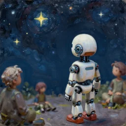 one robot looking at the stars, style of claudio bravo, greg rutkowski, mattias adolfsson and moebious, 3 5 mm, [ volumetric lighting ], high angle, depth of field, oil on canvas