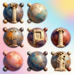 3 6 0 panorama escher style pattern of colorful balls, sculpture in the ancient greek style with the texture of old rust and a beautiful gradient from the upper right corner to the lower left corner
