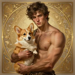 portrait of a young, ruggedly handsome man holding a corgi dog, soft hair, muscular, half body, cloth, hairy, d & d, fantasy, intricate, elegant, highly detailed, digital painting, artstation, concept art, smooth, sharp focus, illustration, art by artgerm and greg rutkowski and alphonse mucha