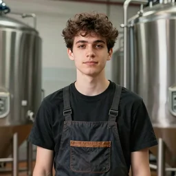 a young man, olive skin, short messy hair wearing coveralls in a church brewery