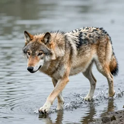 ! dream injured alpha wolf walking on water, realistic, 4 k