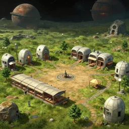 a open plaza area with a restaurant at the side, in the middle of a small settlement, with buildings made from modular capsules, on an alien grassland, on an alien planet, from a space themed point and click 2 d graphic adventure game, set design inspired by hg giger and ridley scott and tomb raider, art inspired by thomas kinkade