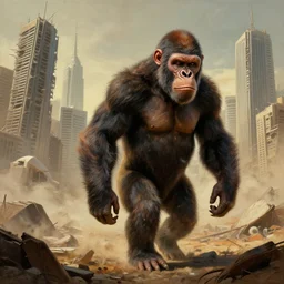 extremely detailed post - apocalyptical wasteland with destroyed skyscrapers in the hazed background and a full sized ape walking in the close plan in the style of mad max and blade runner. painted by james chadderton. surrealism composition perspective drawing high resolution detail.