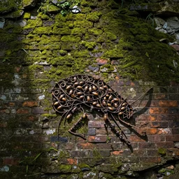 a brick wall with moss growing on it, a cave painting by andy goldsworthy, flickr, environmental art, ultrafine detail, made of wrought iron, made of insects