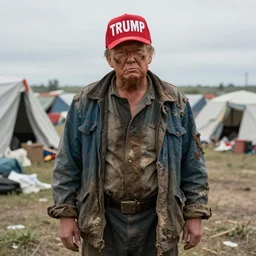 homeless trump in a homeless camp, wearing cheap dirty clothes and maga hat, dirty