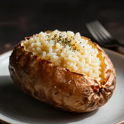a baked potato full of rice pudding, photo realistic