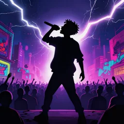 rapping into microphone silhouetted against psychedelic lightning, silhouettes, huge crowd, digital art, vapor wave, hip hop, graffiti, trending on Artstation, professional artist, detailed, 4k