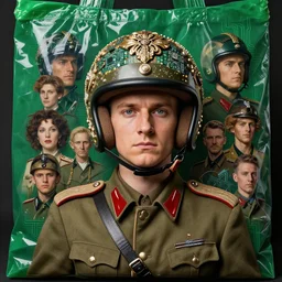 portrait of a cute third reich soldier in ornate motorcycle dirt helmet in a helmet background green plastic bag, circuitboard,, rich deep colors, ultra detail, by francis bacon, james ginn, petra courtright, jenny saville, gerhard richter, zdzisaw beksinsk, takato yamamoto. masterpiece, elegant fashion studio ighting 3 5 mm