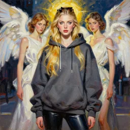 hunter schafer in the style of martine johanna and greg rutkowski, wearing hoodie, madonna surrounded by angels, street fashion,!! haute couture!!, full figure painting by john berkey, david choe, ismail inceoglu, gorgeous features, detailed impasto brushwork