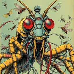 risograph grainy drawing vintage sci - fi, satoshi kon color palette, gigantic mantis covered with robot parts and wires, with lot tentacles, insects and dragonflies around, painting by moebius and satoshi kon and dirk dzimirsky close - up portrait