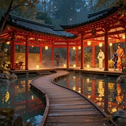 cozy fantasy empty onsen with wood walkways next to grand interconnected japanese pogota red and gold by greg rutkowski craig mullins ross tran mucha male kimonos levitating lanterns lumen reflections matte painting fantasy specular lighting trending on artstation